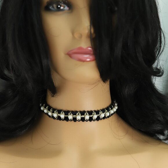 Fancy Pearl and Black lace Choker adjustable Pearl chokers (#32) - Picture 1 of 9